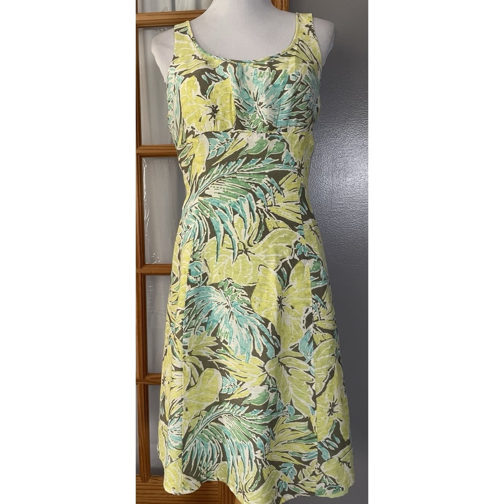 Nic & Zoe Silk Blend Tropical Dress Sz 12 Green Yellow Sleeveless Beach Party